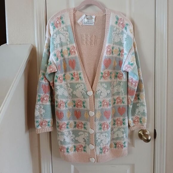 Sweaters - VTG 90s Y2K hand-knitted oversize bunny rabbit heart floral cardigan sweater M